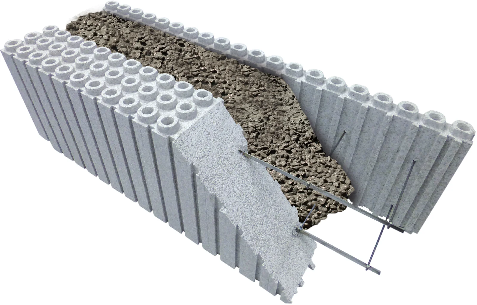 Bloc coffrant isolant Euromac2 en coupe : polystyrène, voile béton et entretoises acier