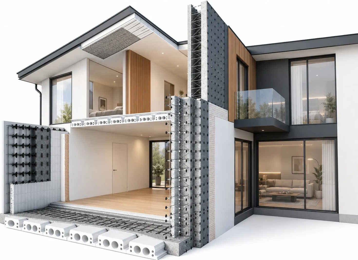 Coupe d’une maison isolée, du radier à la toiture